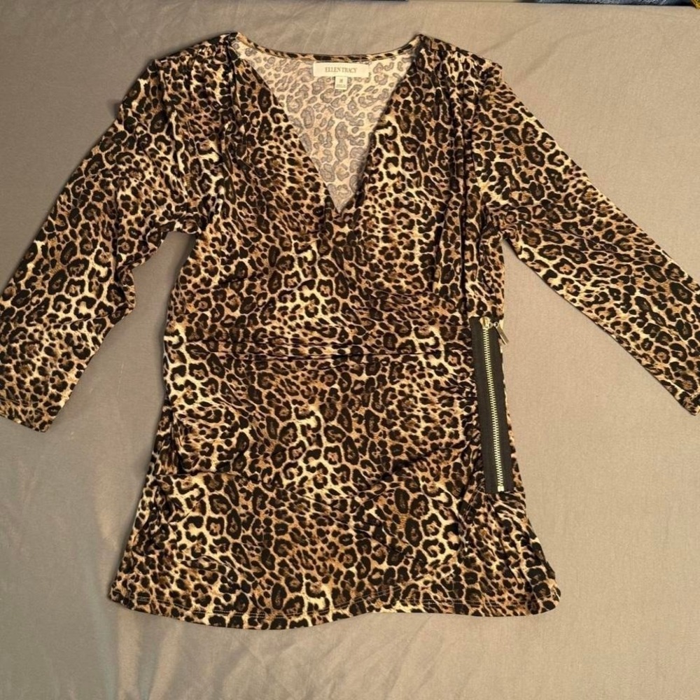 Ellen Tracy Leopard Print V Neck Wrap Blouse, Medium